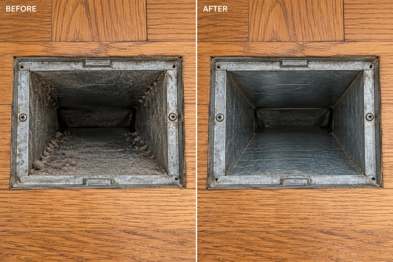 Illustrative floor register before and after cleaning