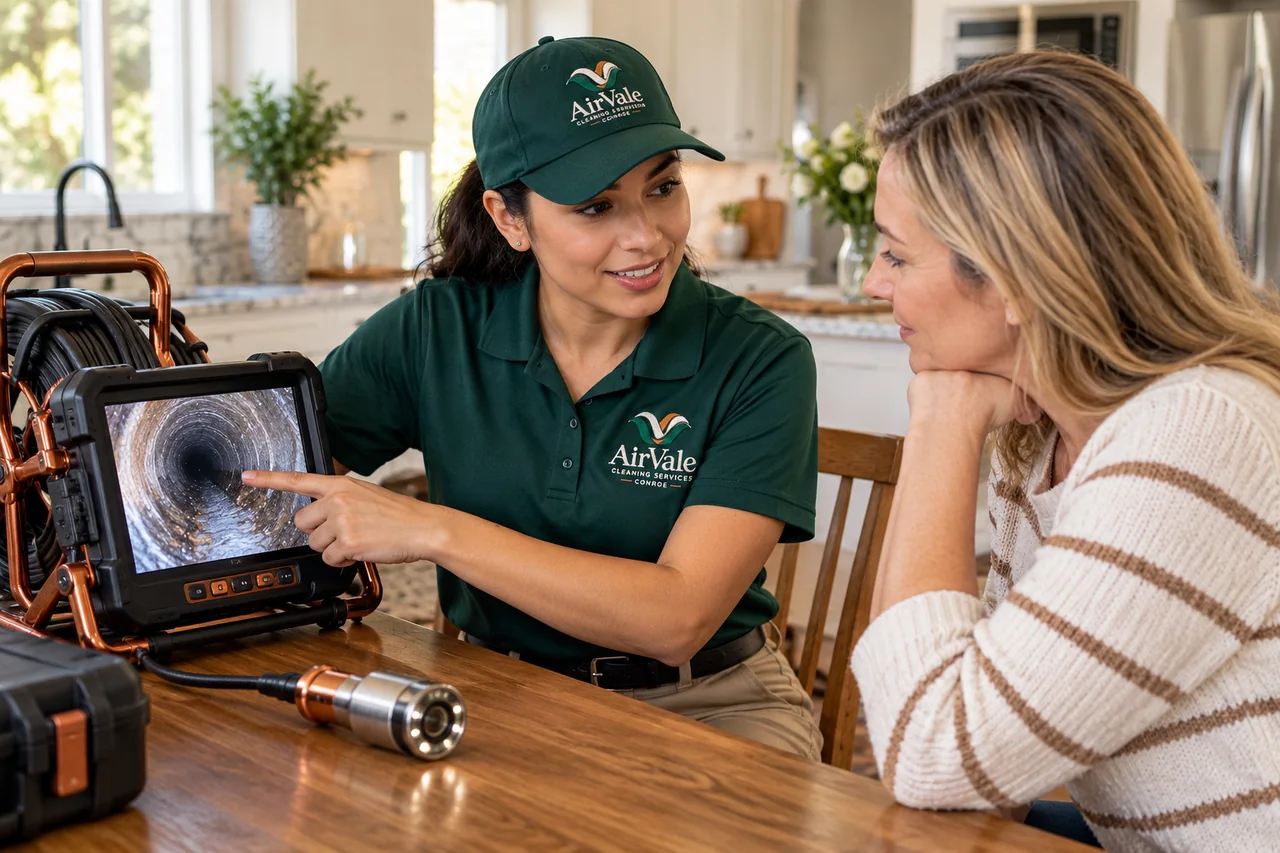 Illustration of an AirVale uniformed technician explaining an inspection to a homeowner