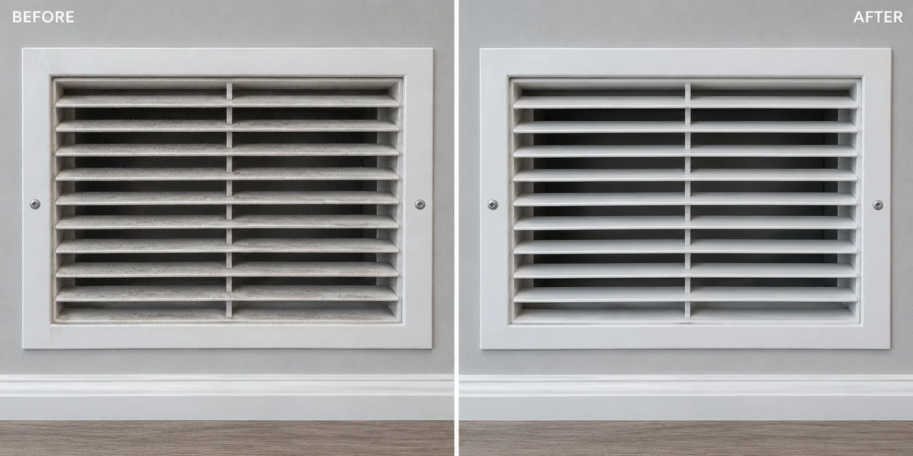 Illustrative return grille before and after surface cleaning