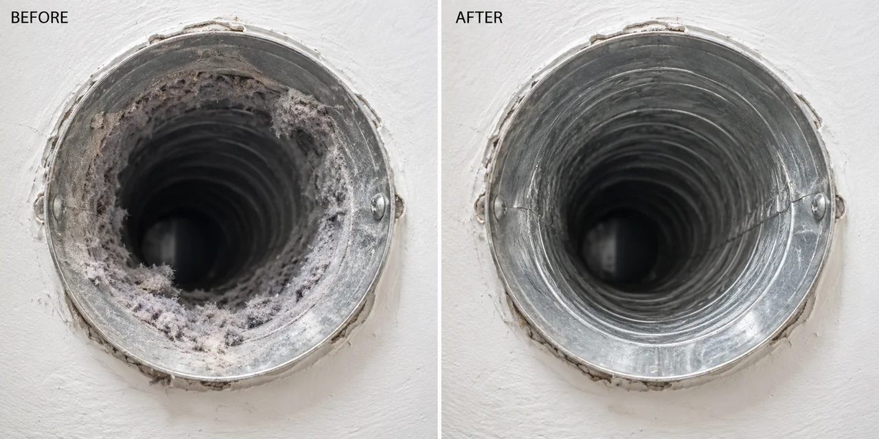 Illustrative dryer exhaust opening before and after lint removal