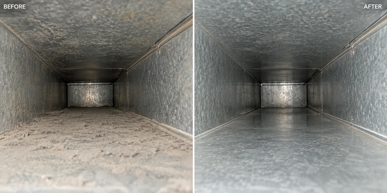Illustrative metal duct before and after debris removal