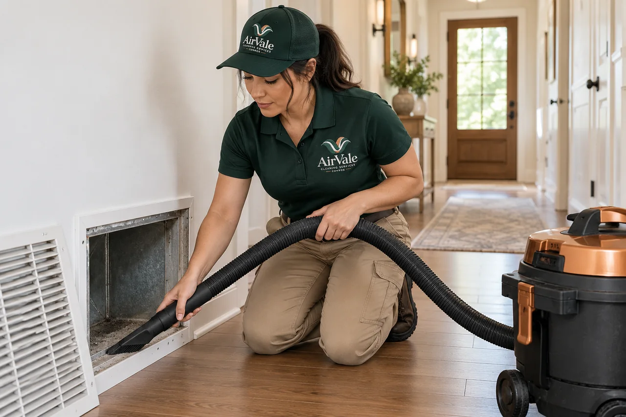 Illustration of an AirVale uniformed technician vacuuming an accessible return duct