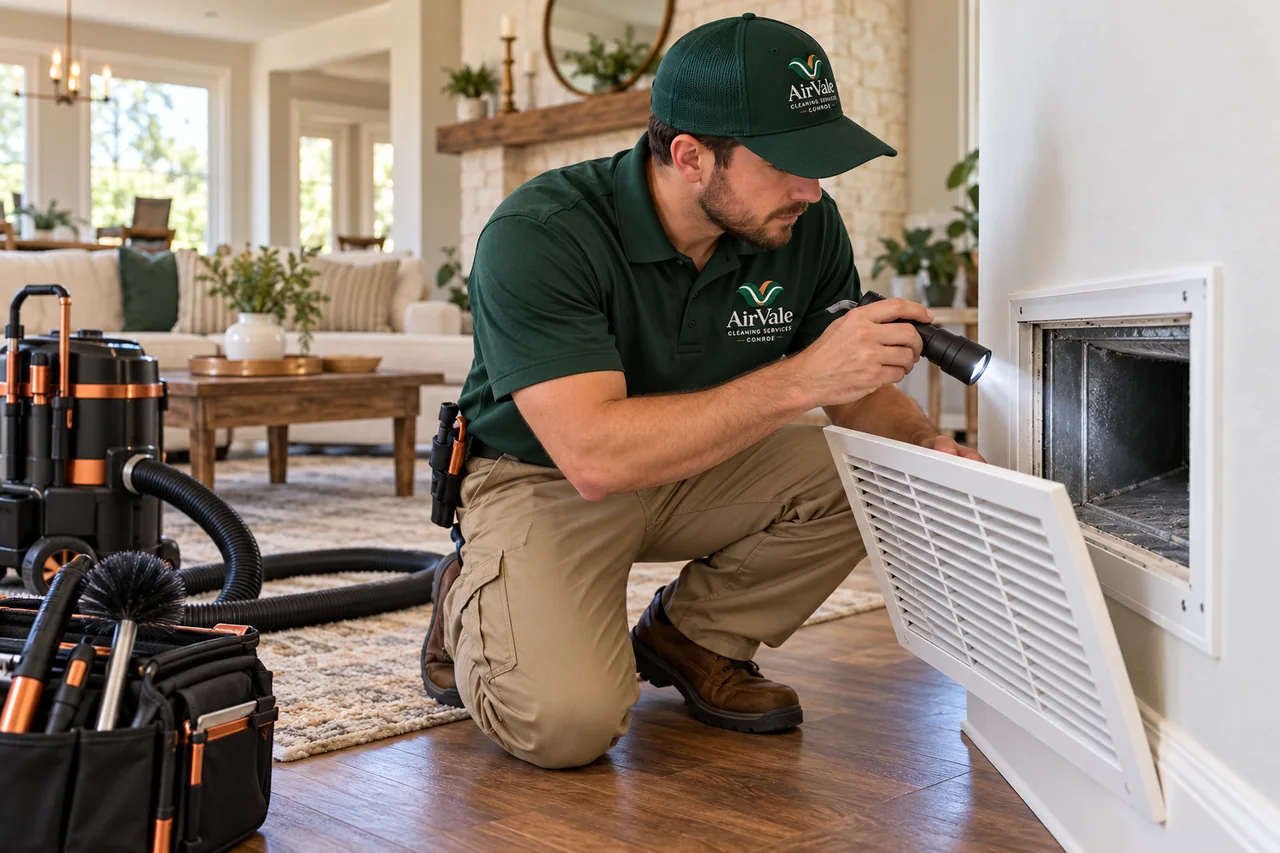 Illustration of an AirVale uniformed technician inspecting an open residential return duct